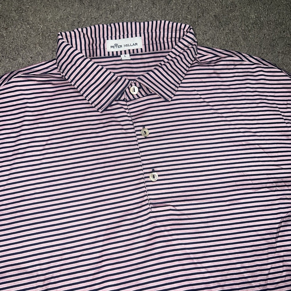 Peter Millar Summer Comfort Pink Striped Polo Shirt Men's Large Short Sleeve